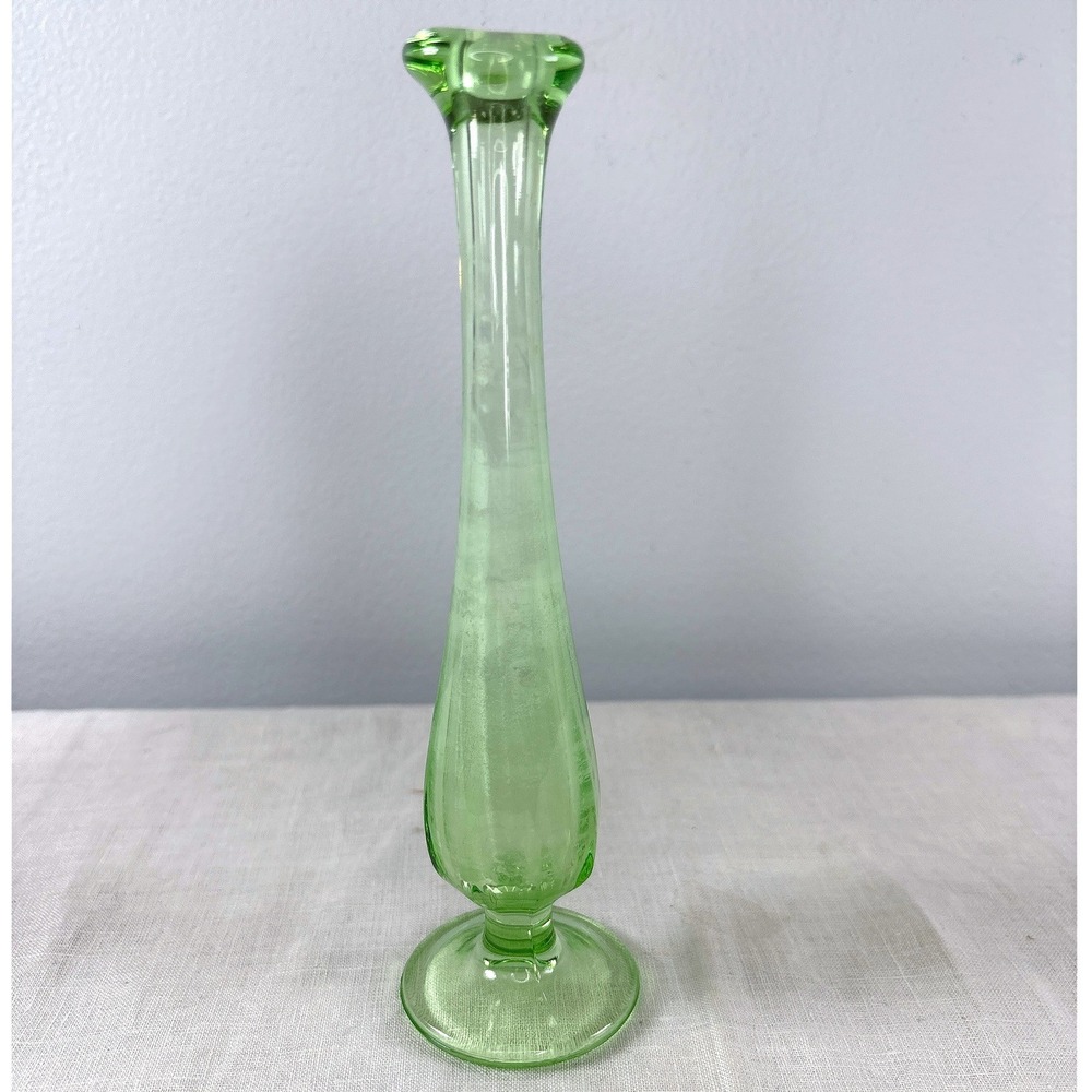Vintage Green Uranium Glass Bud Vase & Satin Gold Banded Vase Set